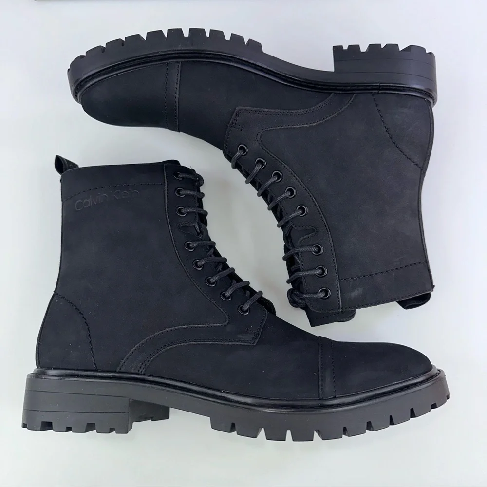 CALVIN KLEIN Mens Black Pull Tab Lorenzo Round Toe Block Heel Leather Boots